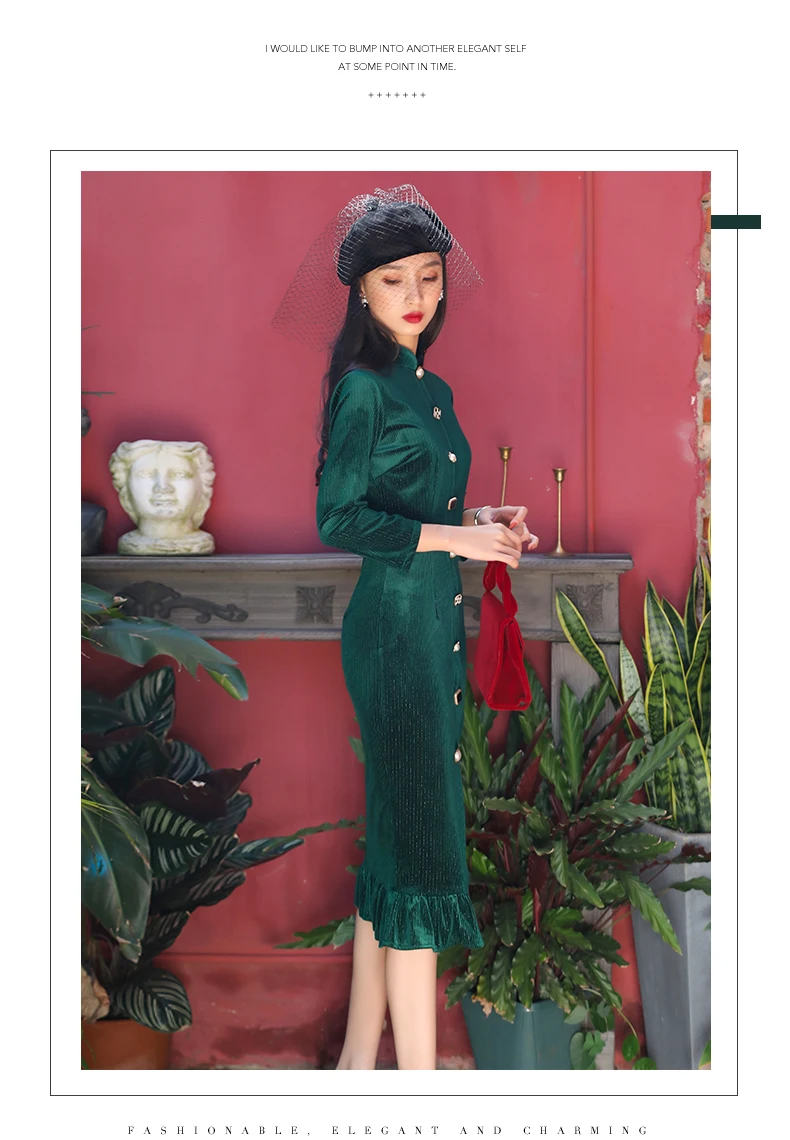 Cheongsam женское улучшенное Ретро молодежное модное бархатное платье с длинными рукавами в стиле рыбий хвост для девочек на осень и зиму