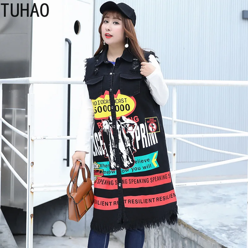 TUHAO1, женский джинсовый жилет, пальто размера плюс, 3XL, 2XL, уличная одежда, жилет для женщин, черный, с буквенным узором, жилет, длинные женские пальто, HC99