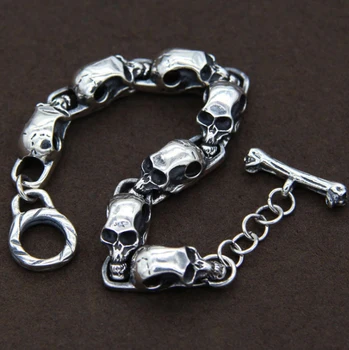 

solid 925 Sterling Silver skull link punk biker bangle bracelet jewelry 19.5cm A1594
