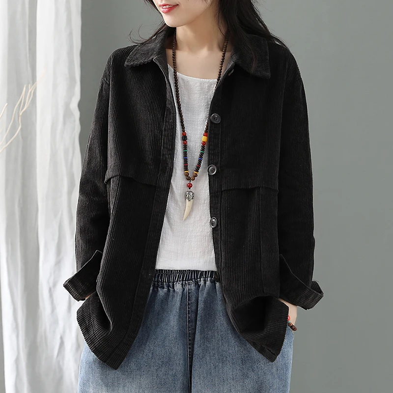 low cost  Women Autumn Winter Jackets Corduroy 2019 Cardigan Long Sleeve Loose Black Fashion Solid Color Coat