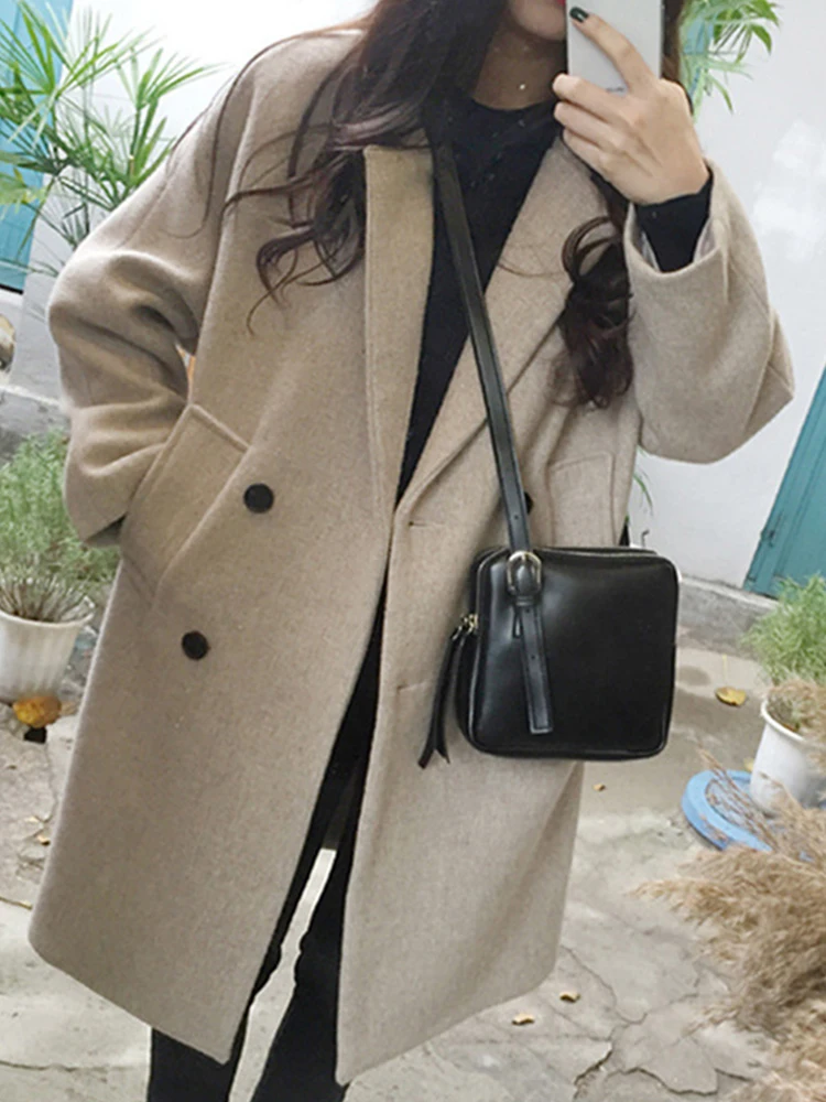 

Wool Blend Coat Women Autumn Elegant Turn-down Collar Long Sleeve Womens Coats Casual Double-Pockets Women's Winter Coat