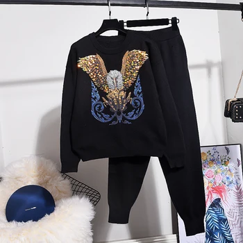 

Autumn Winter New Women Outfits Fashion Sequin Cartoon Long Sleeve Knitted Tracksuit set + Casual Trousers Two Piece Set Tide
