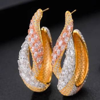 

Jimbora Luxury 3 Tone Twist Braided Line Cubic Zircon Statement Big Hoop Earrings For Women Wedding DUBAI Bridal Hoop Earring