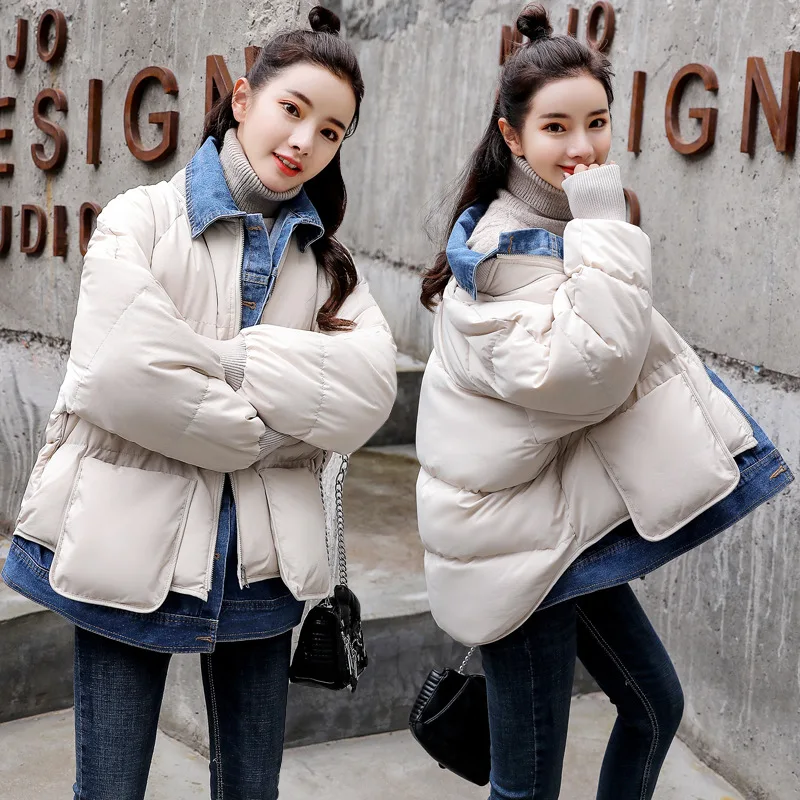

2019 Winter New Style Korean-style-Style Stand Collar Cowboy Joint down Coat Thick Cotton Overcoat Women's