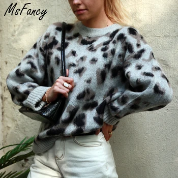 

2020 Winter Leopard Knitted Sweater Women O-Neck Oversized Pullover Thick Warm Vintage Sweater SS8615
