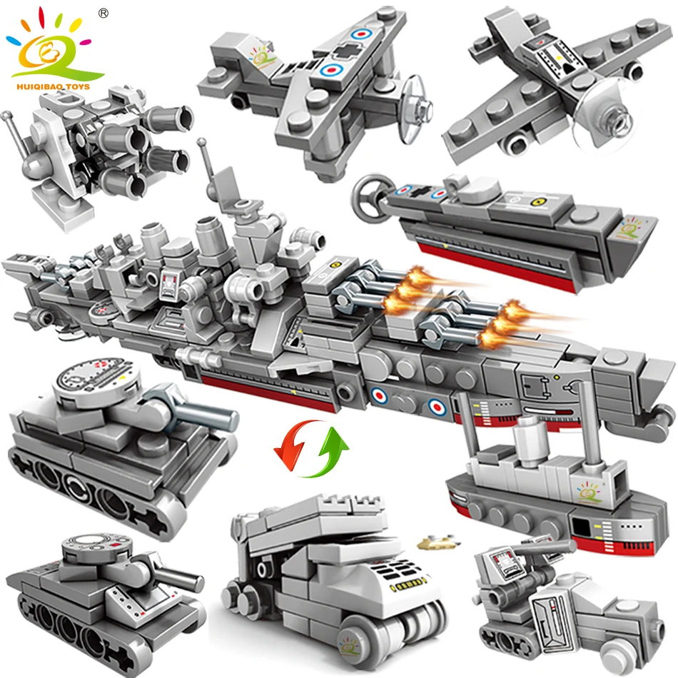 

240PCS 10in1 Military Warship Soldiers model Building Blocks compatible legoing Army Tank with 1 Figures Bricks Children Toys