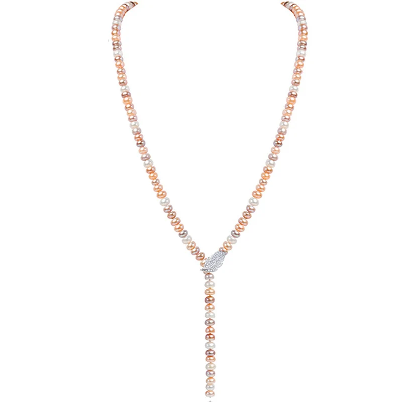 AAAA, высокое качество, 7-8 мм, длинное ожерелье из натурального пресноводного жемчуга для женщин, подарок на день рождения, 925 пробы в виде листьев, серебряная застежка, ювелирное изделие - Цвет камня: Многоцветный