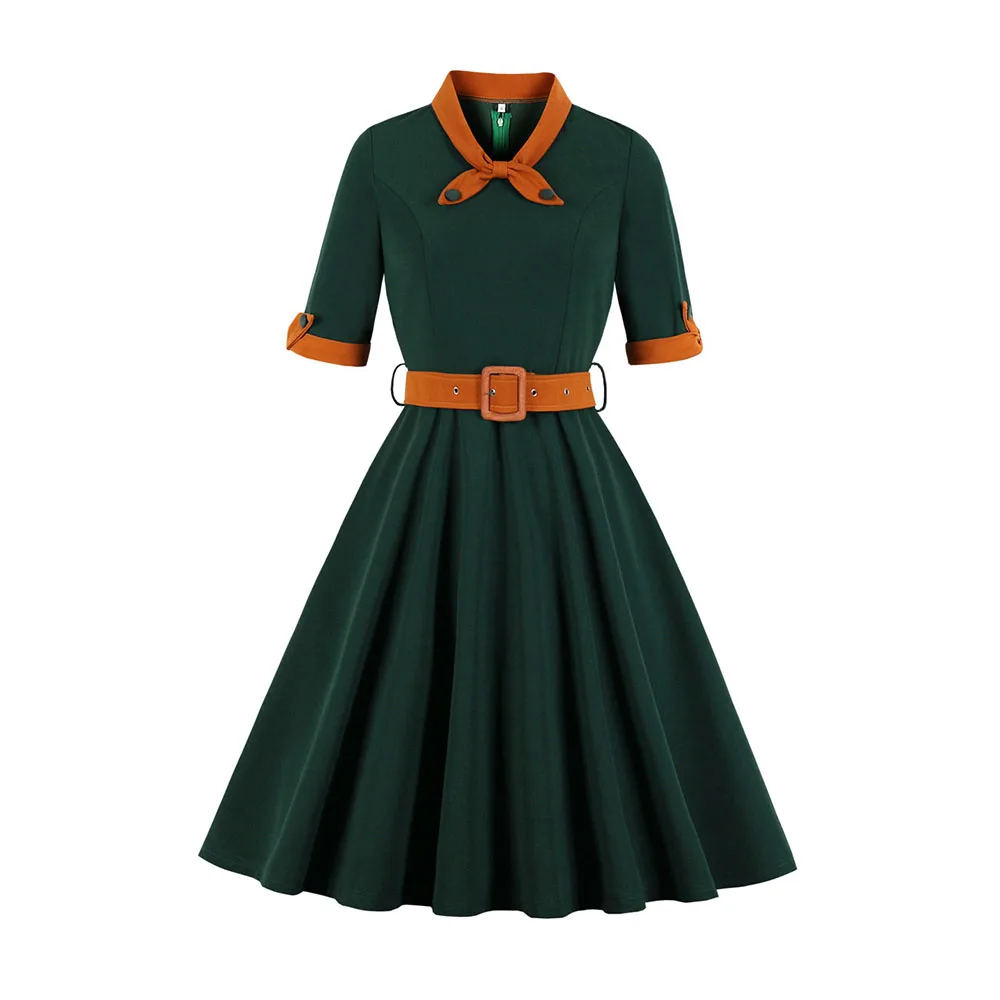

Women's Green Retro Dresses Bowknot Prom Party Dresses Female Vintage Dresses Patchwork Knee-Length Office Lady Dress with Belt