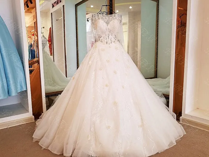 Цветы хрусталь бисер Тюль Свадебные платья Половина рукава Vestido De Noiva Princesa Luxo свадебное платье pakaian pengantin