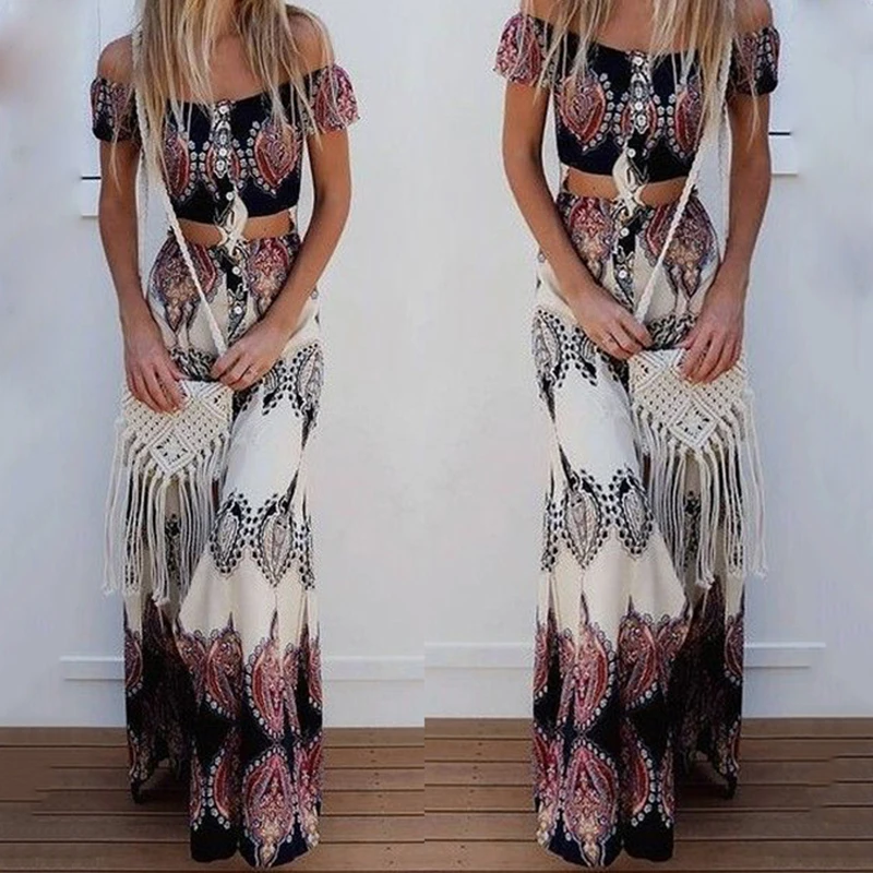 

2019 Summer Boho Sexy Strapless Slash Neck Short Sleeve Crop Tops&Long Skirts Fashion Print Beach Maxi Skirt Suit Two Piece Set