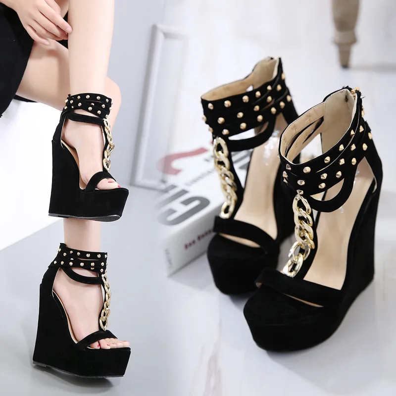 

Roman-Style Metal Chain Riveted Ultra-High-Heel Slanted Heel WOMEN'S Sandals