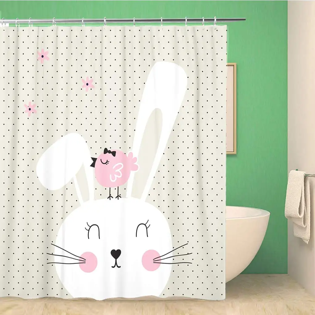 

Bathroom Shower Curtain Face Cute Bunny Bird on Polka Dots Happy Easter 72x72 inches Waterproof Bath Curtain Set with Hooks
