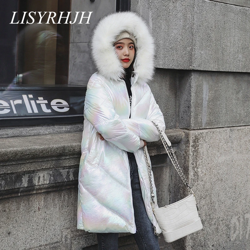 Высокое качество, новинка, Зимняя женская куртка, теплая, утолщенная, с капюшоном, с мехом, длинное пальто, блестящая ткань, стильная женская парка