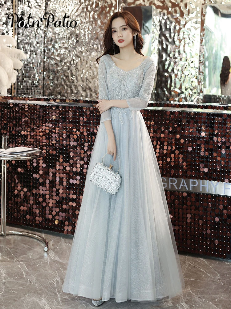 Silver Gray Long Sleeve Prom Dresses 2021 Elegant Square Neck Floor-Length Tulle Women Evening Gowns With Appliques For Wedding plus size prom dresses