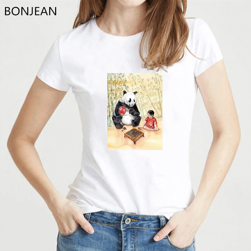 

Panda Girl Playing Chess Print Tshirt Women Funny Vogue T Shirts Femme Harajuku Shirt Kawaii Clothes Female T-Shirt Streetwear