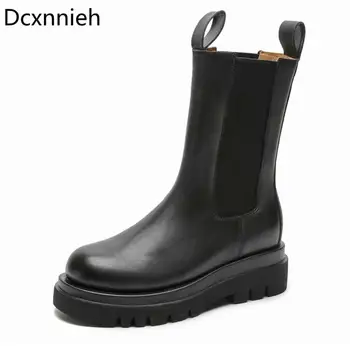 

New Black Genuine Leather Thick Sole Chelsea Boots Women British style Round Toe Flat Short Boots Woman Casual Motorcycle Boots