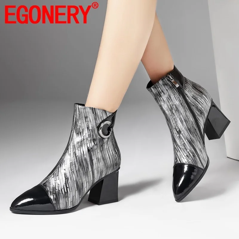 EGONERY/ботильоны из коровьей кожи; модная женская зимняя обувь на высоком каблуке с острым носком на молнии и в полоску; Прямая