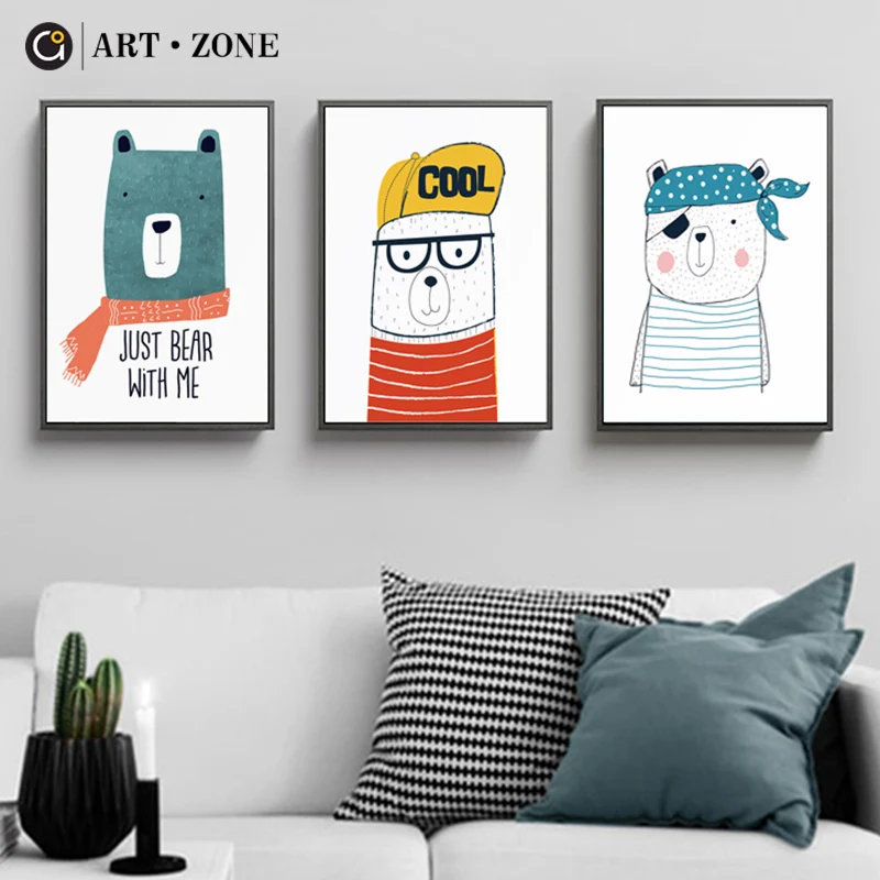 

ART ZONE Cartoon Canvas Painting Little Bear Nordic Animal Art Poster Print Picture Nursery Kids Room Home Decor Painting