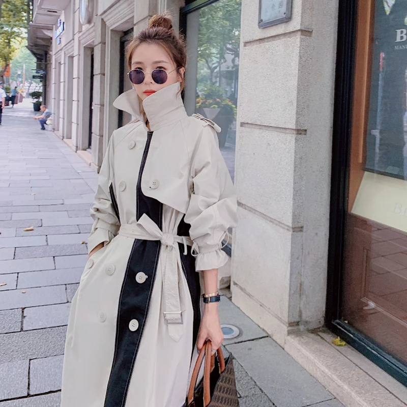 Brand New Fashion Colorblock Long Women Trench Coat Double-Breasted Office Lady Duster Coat with Belt Female Outerwear Autumn