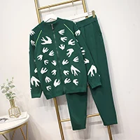 HIGH STREET стильный Подиум костюм набор женский птица тиснением куртка на молнии брюки набор - Цвет: Зеленый