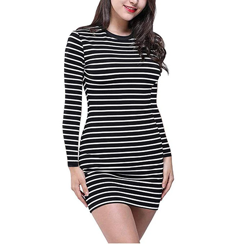 

Spring Autumn Winter Enough Stock Round Neck Black And White Striped Elegant Sheath Slim short long sleeve women Dress