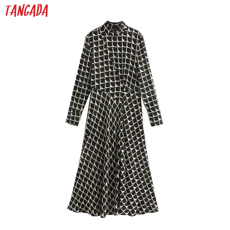Ceny Tangada jesień kobiety stoją kołnierz geometryczne sukienki z długim rękawem vintage fashion eleganckie biuro lady vestidos feminina 5Z58