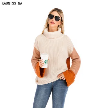 

Women Autumn Winter Sweaters European American Style Turtleneck Sweater Ladies Flare Sleeve Knitted Pullovers and Sweaters
