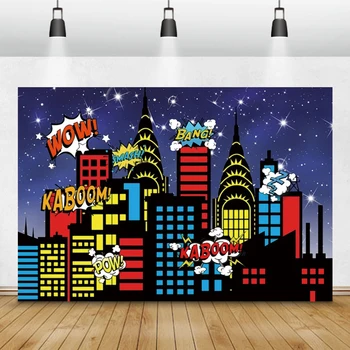 

Laeacco Birthday Backdrops For Photography Backgrounds Comic City Buildings Boom Pow Baby Shower Photozone For Photo Studio Prop