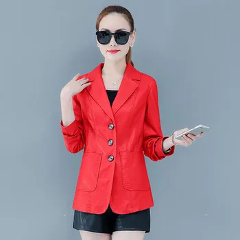 

Spring Plus Size M-4XL Faux Leather Jacket Women Solid Short Suit Collar Single Breasted Autumn slim ladies leather abrigo mujer