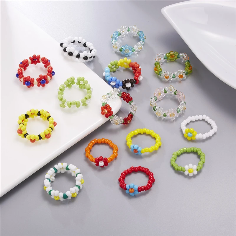 15 Style Korean Colorful Bohemia Small Flower Ring Handmade Multi Beaded Rice Beads Ring For Women  Beach Jewelry Gifts trendy ring sets