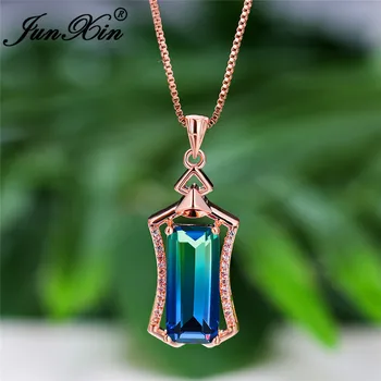 

Geometric Two Tone Blue Green Pink Zircon Rectangle Pendant Necklaces For Women Rose Gold Chain Wedding Necklace Rainbow Jewelry