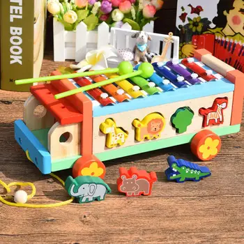 

Kuulee Children 8 Keys Wooden Pull Bus with Animal Shape Sorter Educational Cartoon Hand Knocked Piano Toys for Kids