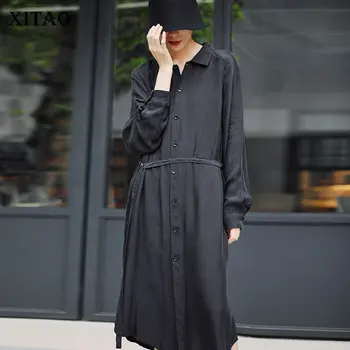 

XITAO Literary Women Clothes Plus Size Black Dress Women Long Sleeve Bandage Single-breasted Dresses Minority Simple XJ4021