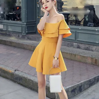 

2019 Summer Women Double Layer Ruffles Rompers Solid Slash Neck Holiday Jumpsuit Wide Leg High Waist Zipper Playsuit