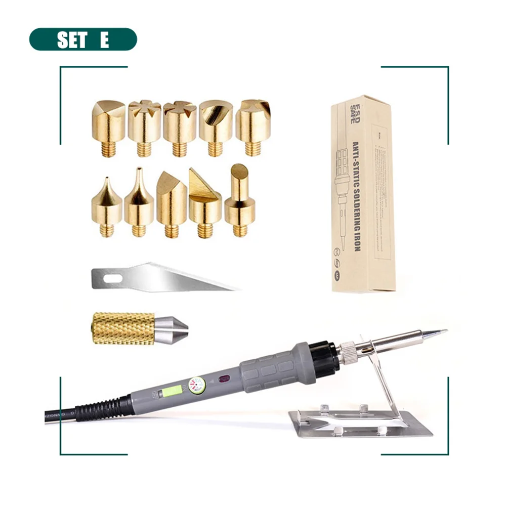 E PJLSW Wood Burning Kit Carving Pyrography Pen Kit 60W Adjustable Temperature Soldering Iron Welding Wood Embossing Burning set - Цвет: E