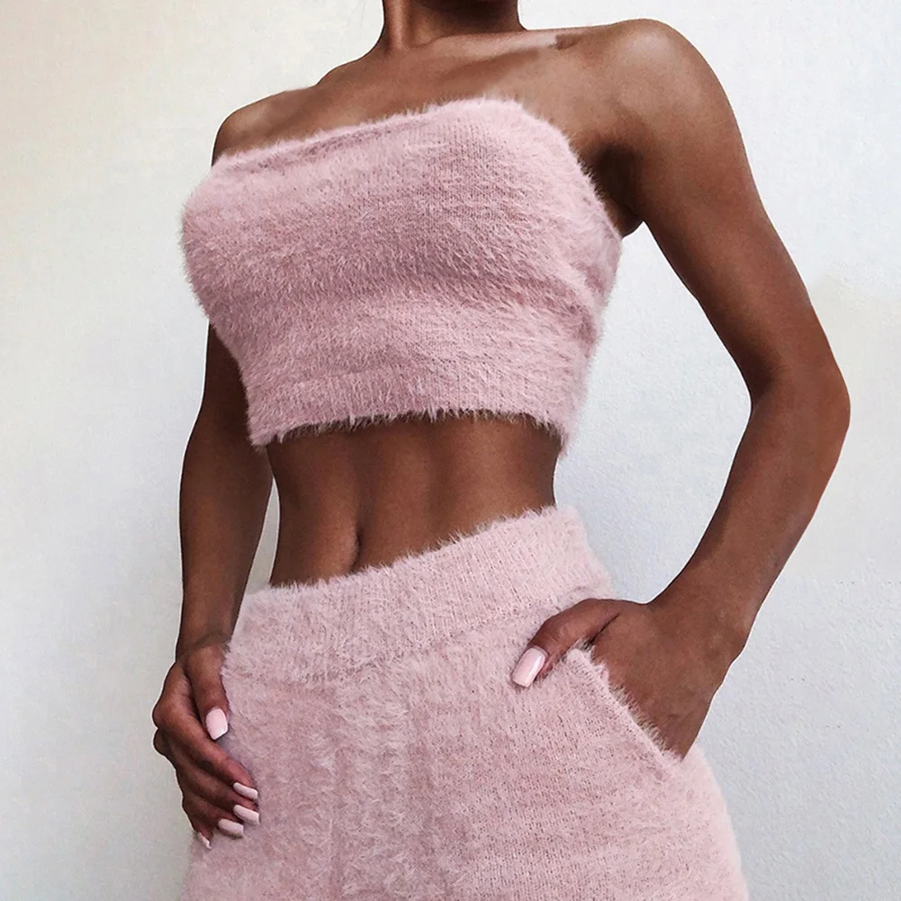 Fall Winter Women 2 Piece Clothes Set Warm Casual Pink Black Bodycon Two Piece Wrap Chest Crop Top and Shorts Bandage Party Set white pant suit set