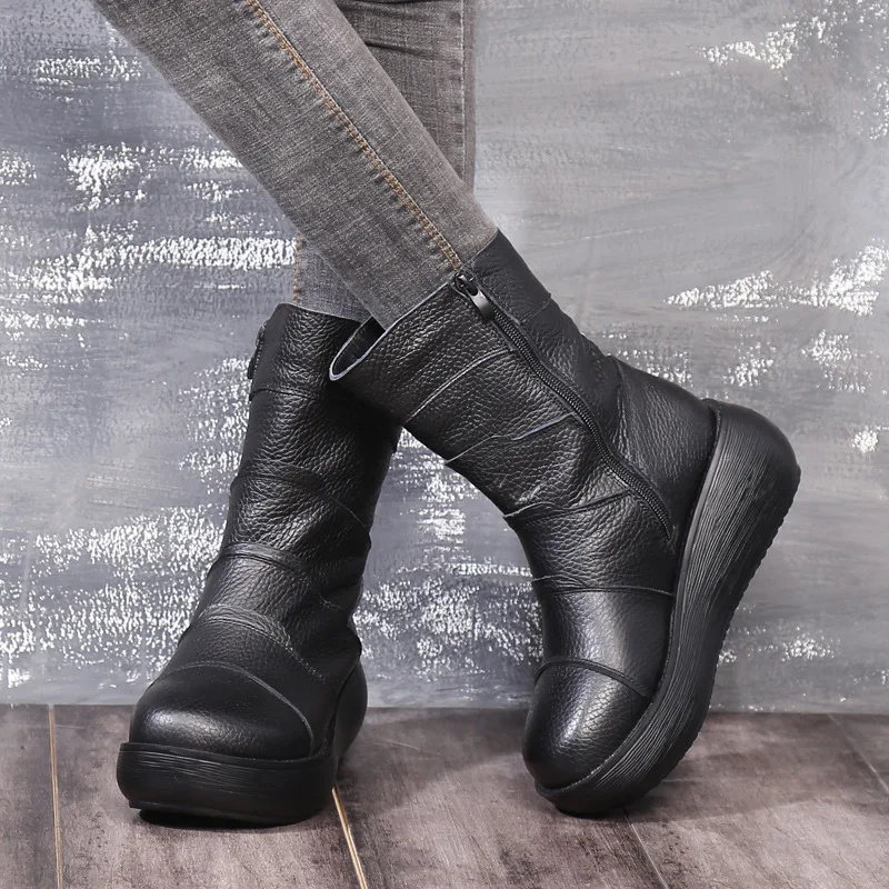 SWONCO/обувь из натуральной кожи; женские ботинки; Сезон Зима; коллекция года; женская повседневная обувь; женские ботильоны на платформе; Цвет Черный; зимняя обувь