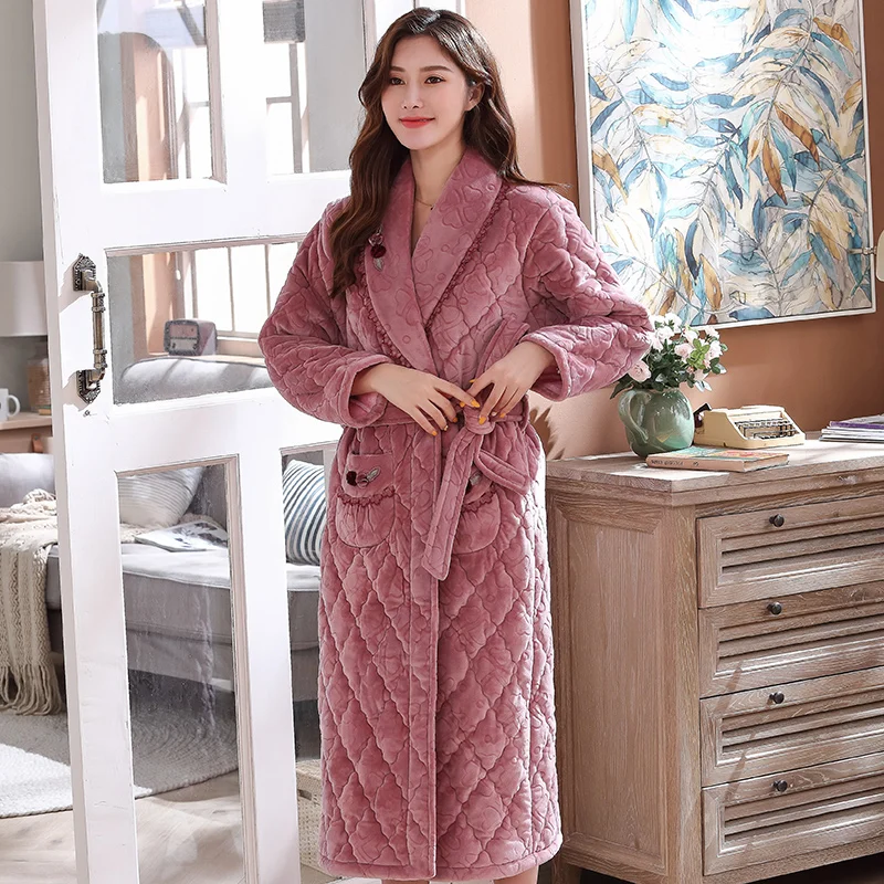 Women Long Warm Three Layers Quilted Coral Fleece Bathrobe Winter Thick
