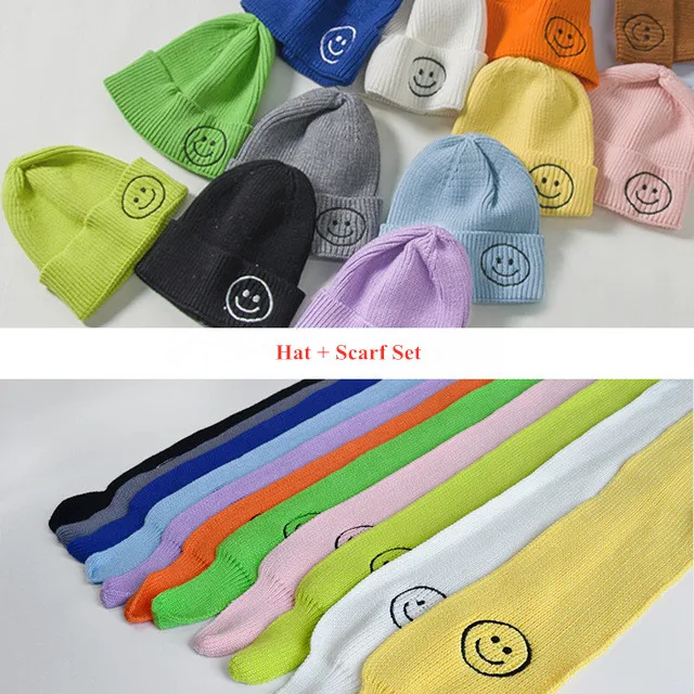 

2019 Baby Girls Boy Hat Scarf Set Winter Warm Children Beanie Hat Cute Smile Face Woolen Knitted Hats Scarf Kids Two Piece Set