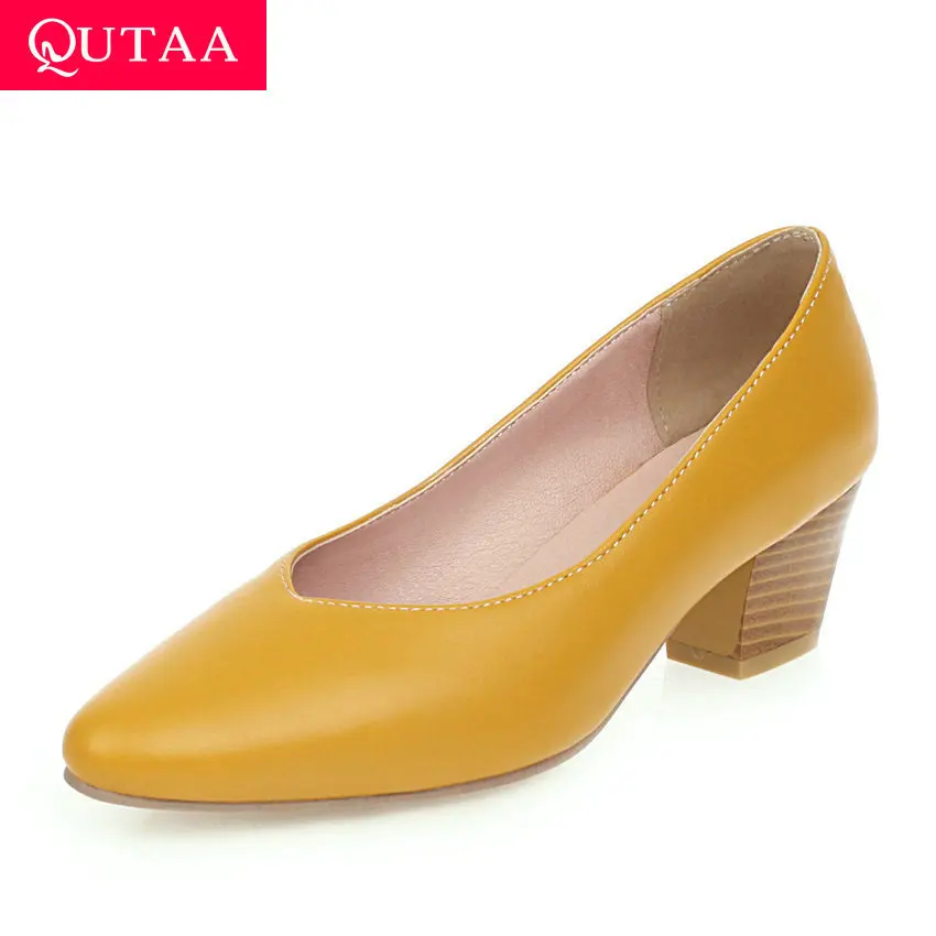 

QUTAA 2020 Square Heel Shallow Leisure Women Shoes PU Leather Concise Ladies Pumps Pointed Toe Slip on Single Shoes Size 34-43