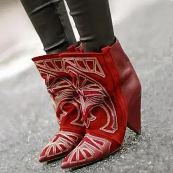 

Hot Fashion Red Suede Ankle Boots Embroidered Lady Spike Heels Shoe Cowboy Short Boots Women Slip-on Pointed Toe Ankle Booties