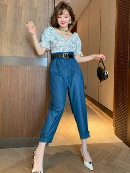 

Trendy Hollow Embroidery Printed V-neck Puff Sleeve Shirt + High Waist Slimming Baggy Pants Suit Fashion Summer New Style