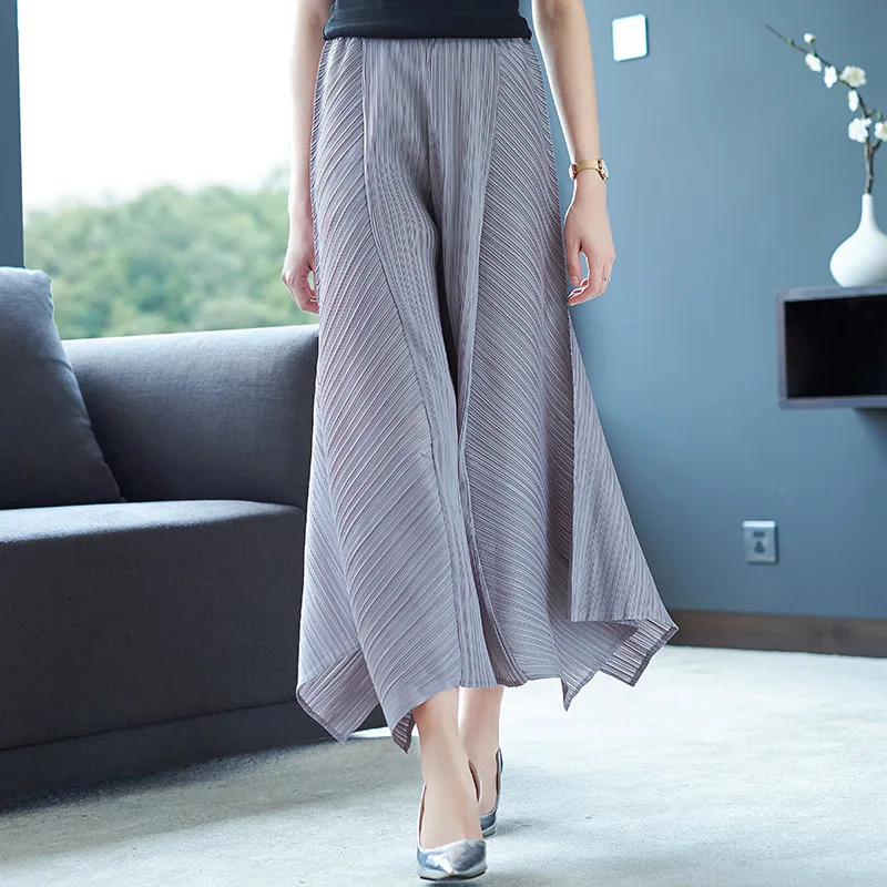 

[DEAT] Solid Color Folds Irregular Wide Leg Nine Pants Casual Fashion Loose Plus Women 2019 Autumn New TC904