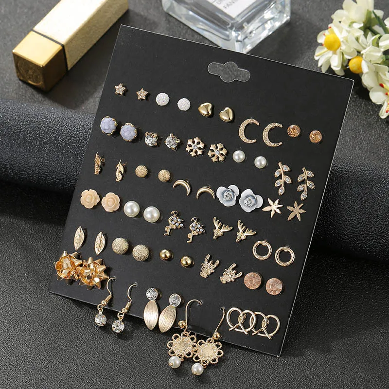 Luokey 30 Pairs/Set Women Retro Stud Earrings Set Tiny Round Party Gold Delicate Moon Snowflake Crystal Jewelry Brincos | Украшения и