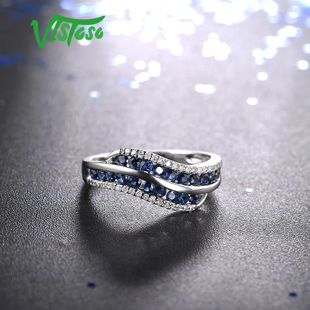 VISTOSO Gold Rings For Women Genuine 14K 585 White Gold Ring Sparkling Diamond Natural Blue Sapphire Luxury Trendy Fine Jewelry