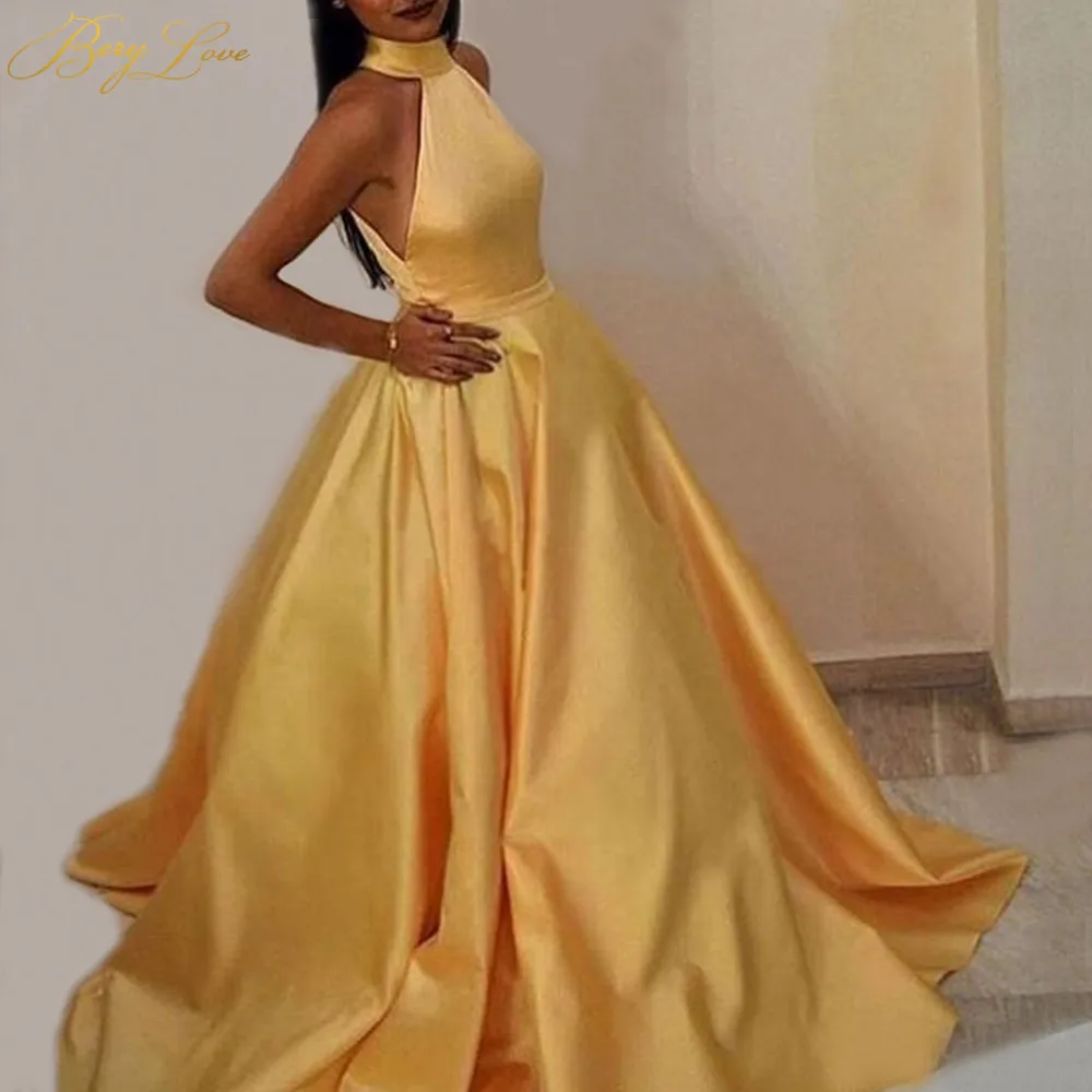 BeryLove ярко-желтое официальное вечернее платье ТРАПЕЦИЕВИДНОЕ вечернее платье с открытой спиной и вырезом на спине длинное платье для выпускного вечера Robe De Soire - Цвет: Same as Picture
