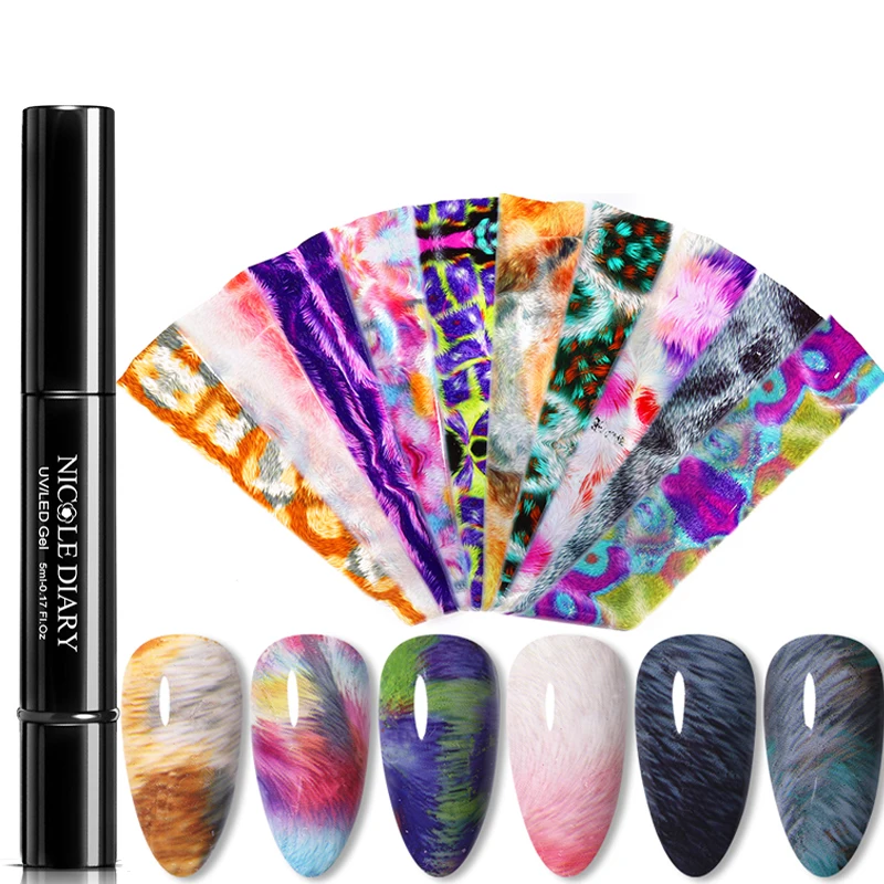 

10Pcs/Bag Fur Texture Foils Nail Polish Set Nails Colorful Transfer Stickers Nail Art Decoration Stickers For Nails Slider Tips