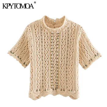 

KPYTOMOA Women 2020 Fashion Ruffled Crochet Knitted Blouses Vintage Short Sleeve Hollow Out Female Shirts Blusas Chic Tops