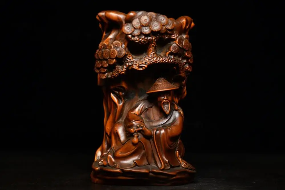 

Wedding Decoration 5" China Lucky Seikos Boxwood Fisherman statue pen holder Fisherman sitting under a pine tree Pen holder