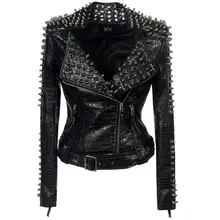  SX Occident Fashion women Club hot style Stud slim fit jacket shoulder rivets zip stitching short PU leather rock coat 